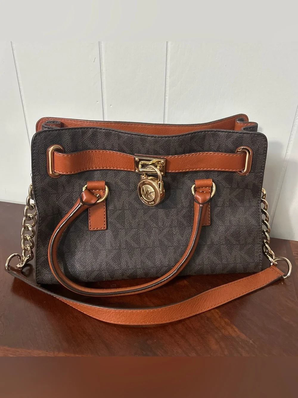 Michael Kors Hamilton Satchel Brown Monogram Canvas Tan Leather Gold Padlock Bag